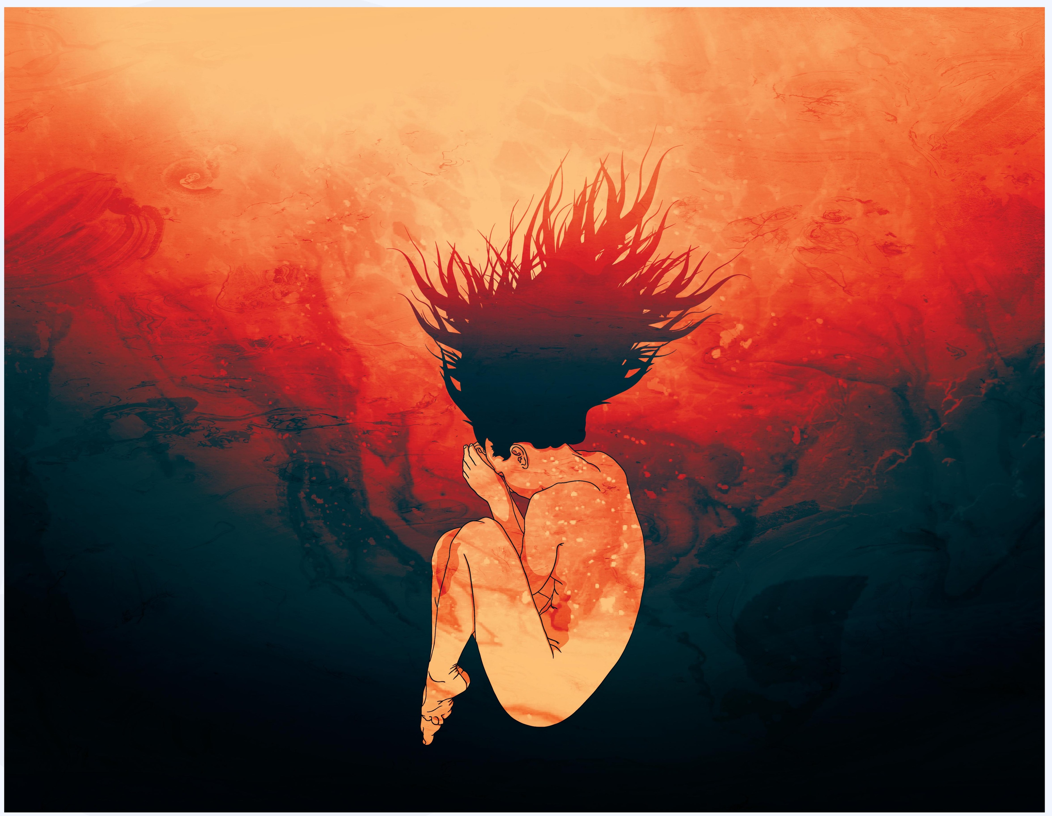 Illustration of a figure curled up beneath fiery red hair against an abstract red and teal background
