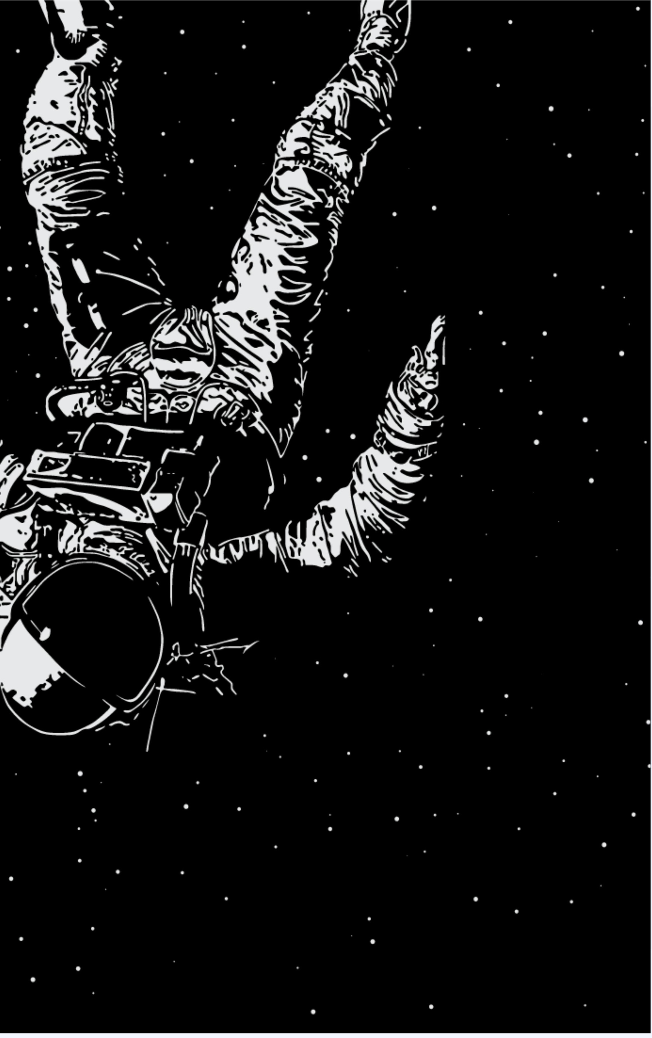 High-contrast black and white illustration of a falling astronaut