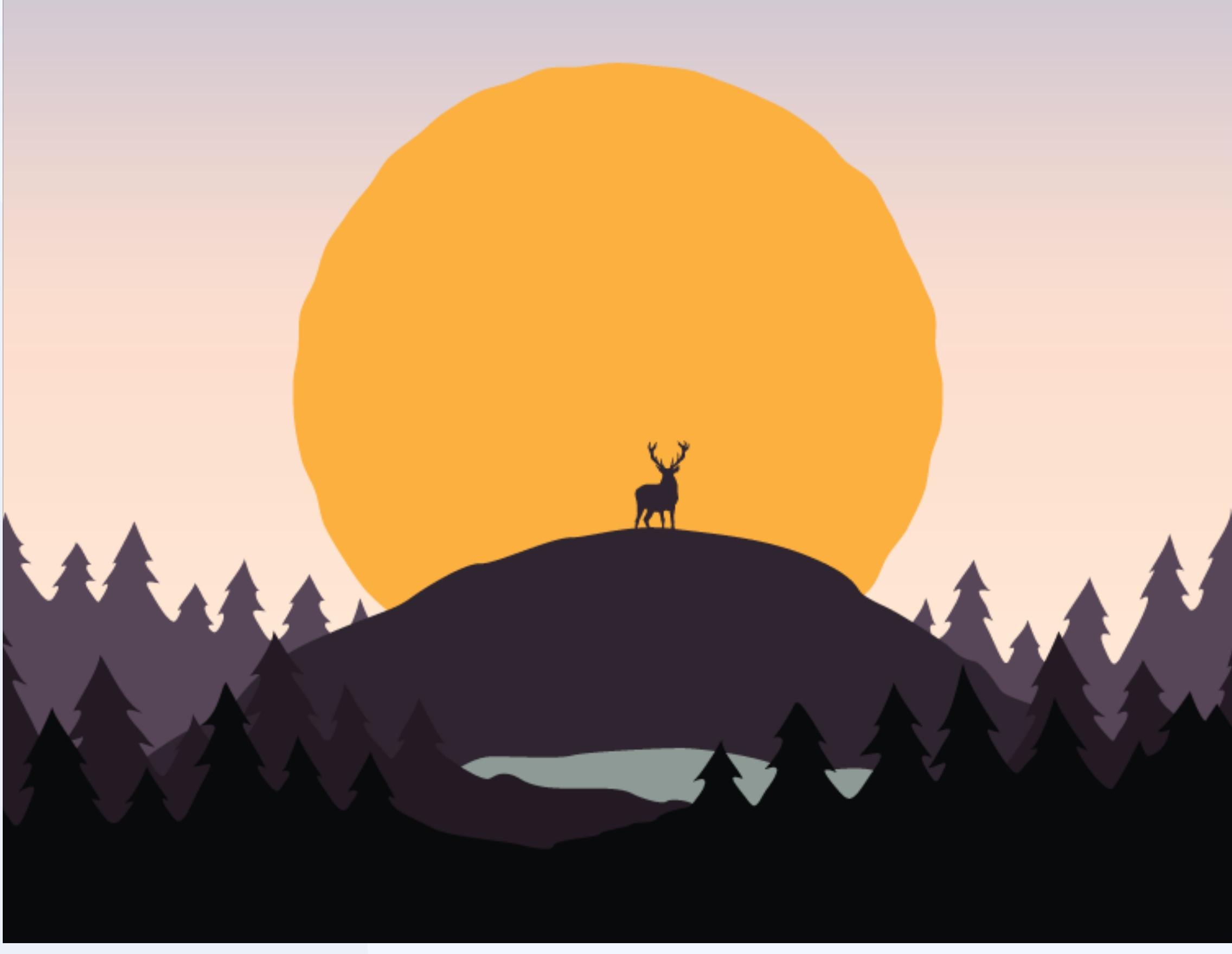 Minimal illustration of a deer silhouette on a hill at sunset