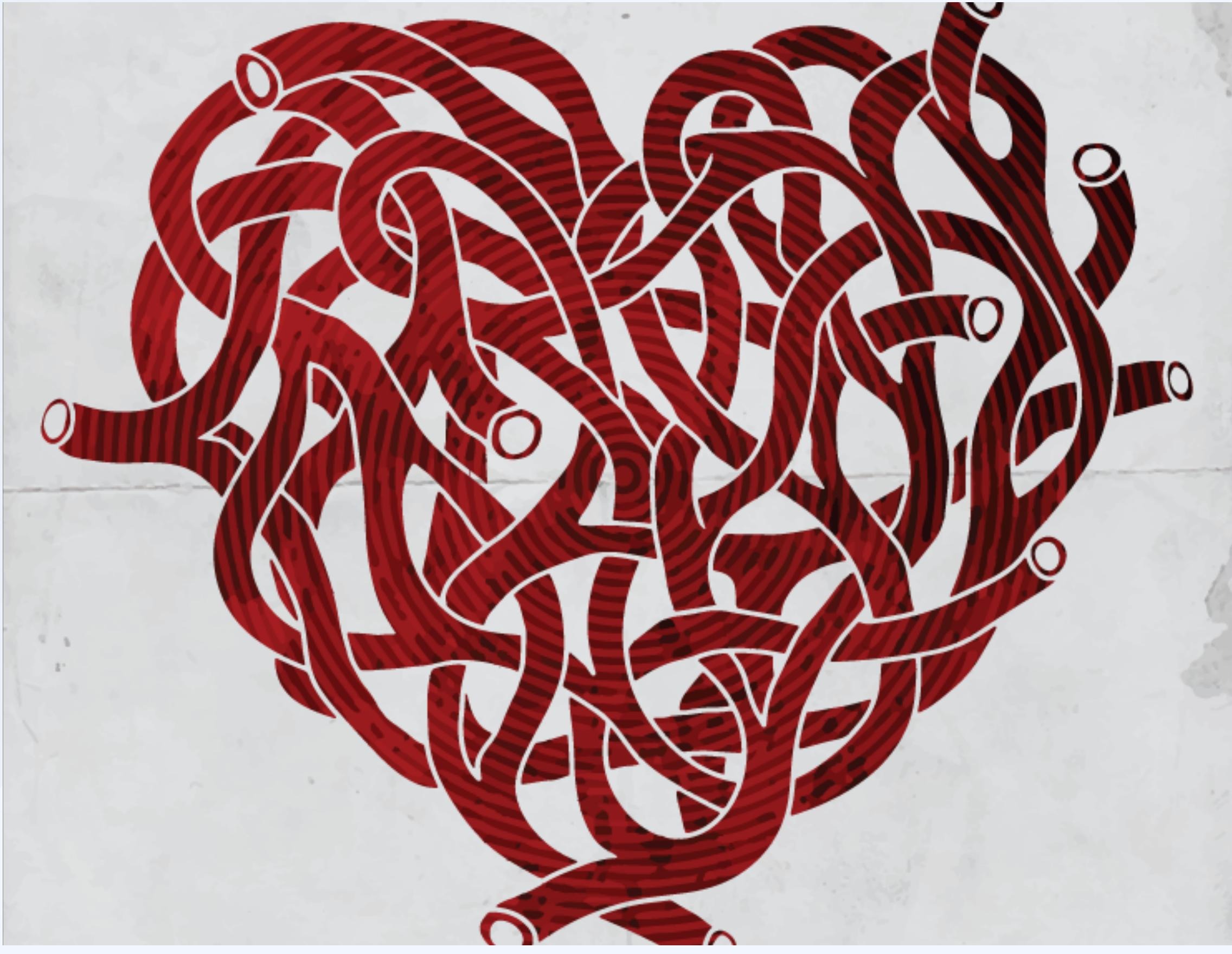Illustration of interwoven red ribbons forming a heart shape