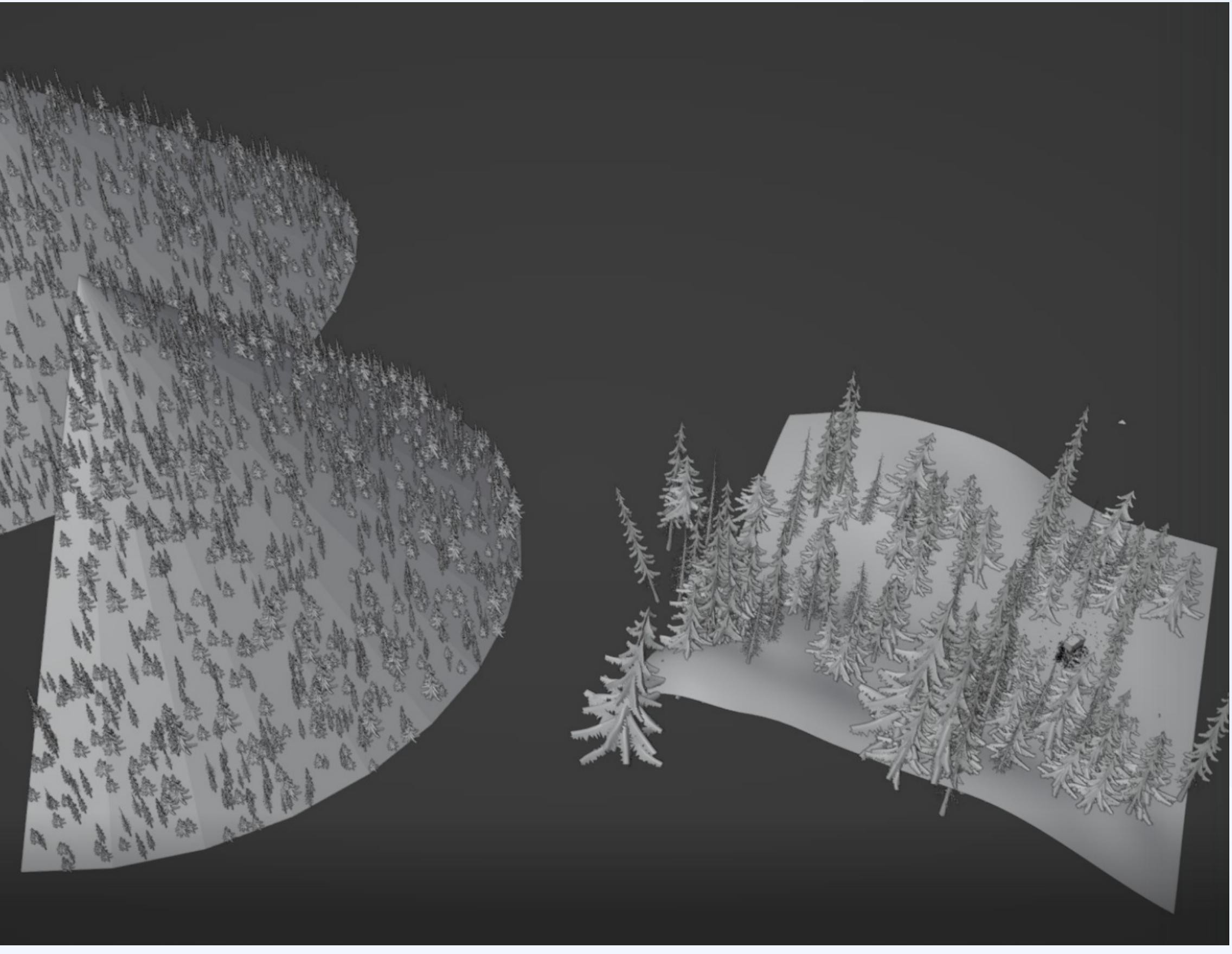 Greyscale low-poly environment blockout with pine trees
