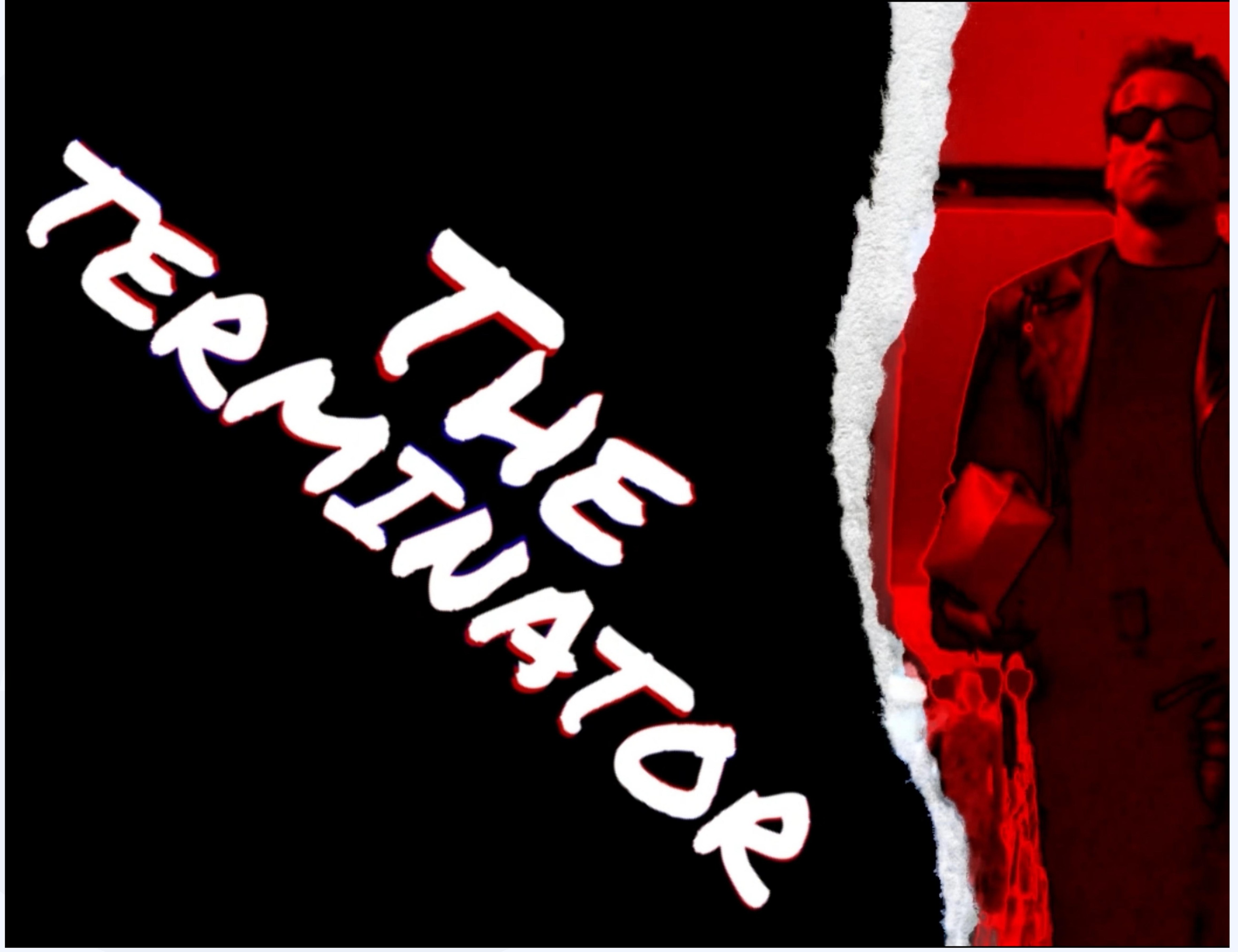 Stylised red-toned trailer title card reading The Terminator, torn paper effect